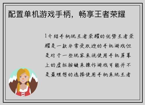 配置单机游戏手柄，畅享王者荣耀
