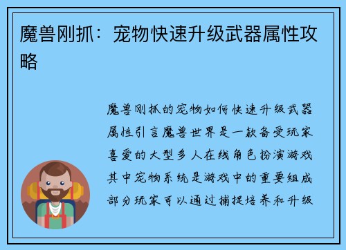 魔兽刚抓：宠物快速升级武器属性攻略
